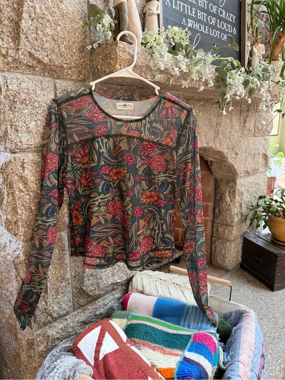 NATURAL LIFE Floral Mesh Long Sleeve Top in Olive Green and Pink